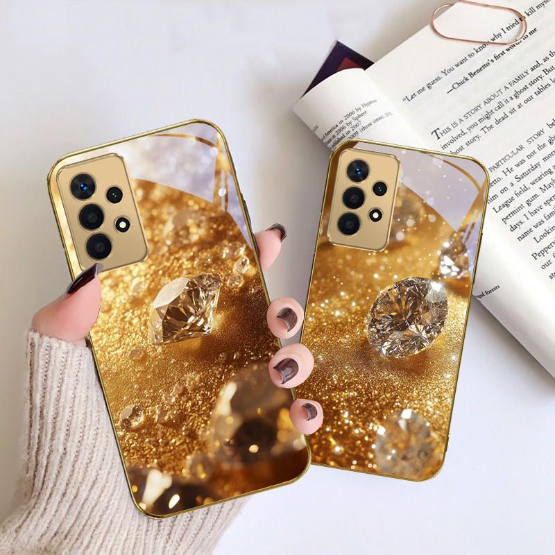 Brilliant Gold Diamonds For Samsung A 01 52S A04 A05S A10 A12 A13 22 23 24 36 42 M02 Note 10 20Ultra 8 9 Golden Glass Phone Case