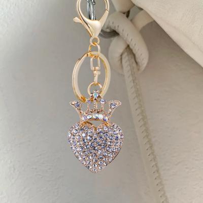 Keychain Sparkling Rhinestones Inlaid Heart Crown Design Keychain Pendant Enamel Oil Drip Process Smooth Edges Spring Buckle Key Holder Backpacks