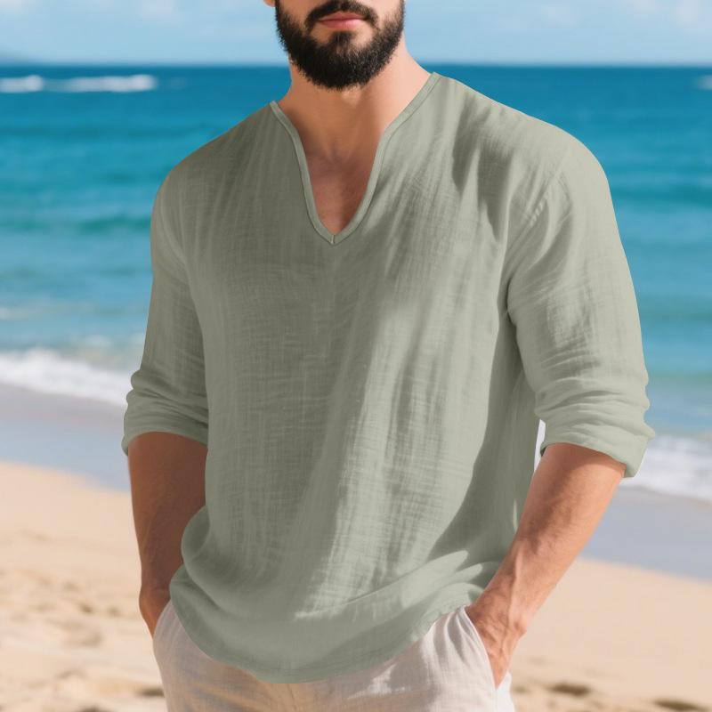 Neuankömmling: Lockeres Unifarbenes Leinen Casual Herren V-Ausschnitt Oversized Langarm T-Shirt