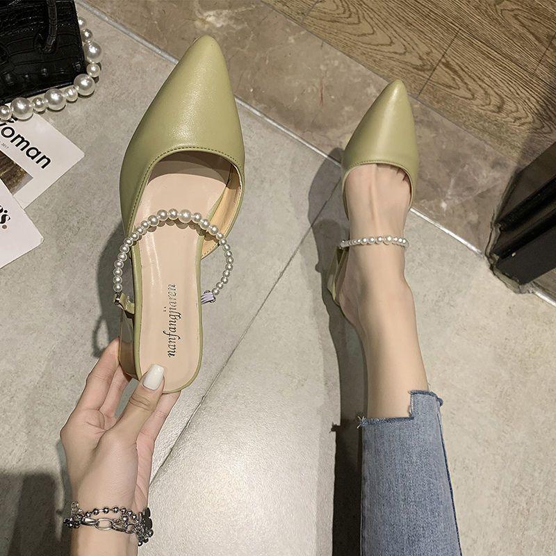 Temperament niche design sense Baotou half slippers women's thin heels wear lazy sandals can not fall off with pearl Baotou sandals