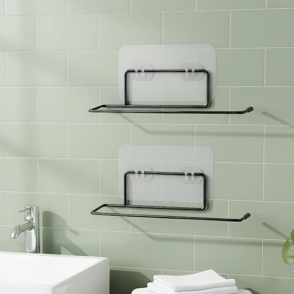 Self Adhesive Towel Holder in Bathroom | Toilet Paper Roll Holder | Tissue Roll Hanger for Kitchen, Black (Pack of 2)