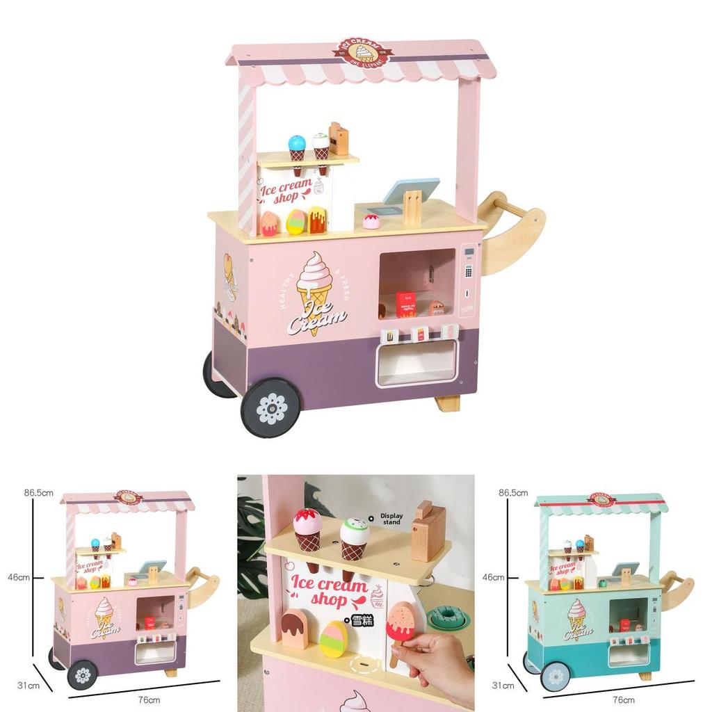 Wooden Ice Cream Shop Playset With Cash Register For Kids Pretend Market Toy
