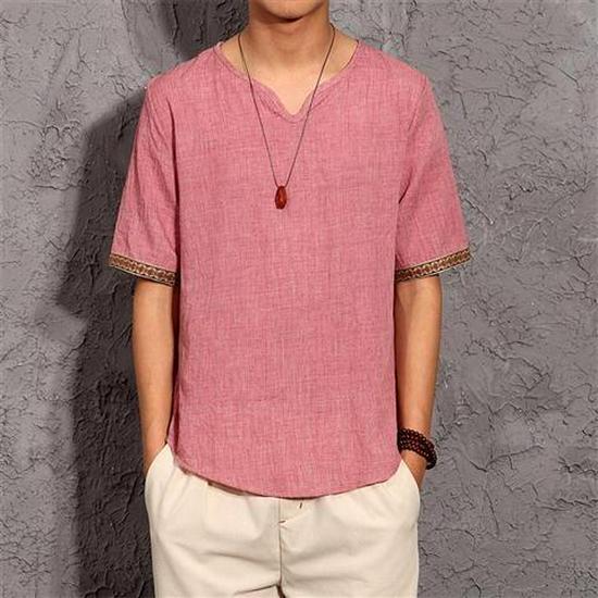 

Мужская летняя корейская футболка из хлопка и льна с V-образным вырезом и коротким рукавом — дышащая, универсальная, модная, с коротким рукавом для больших размеров 3XL 165-175 jin