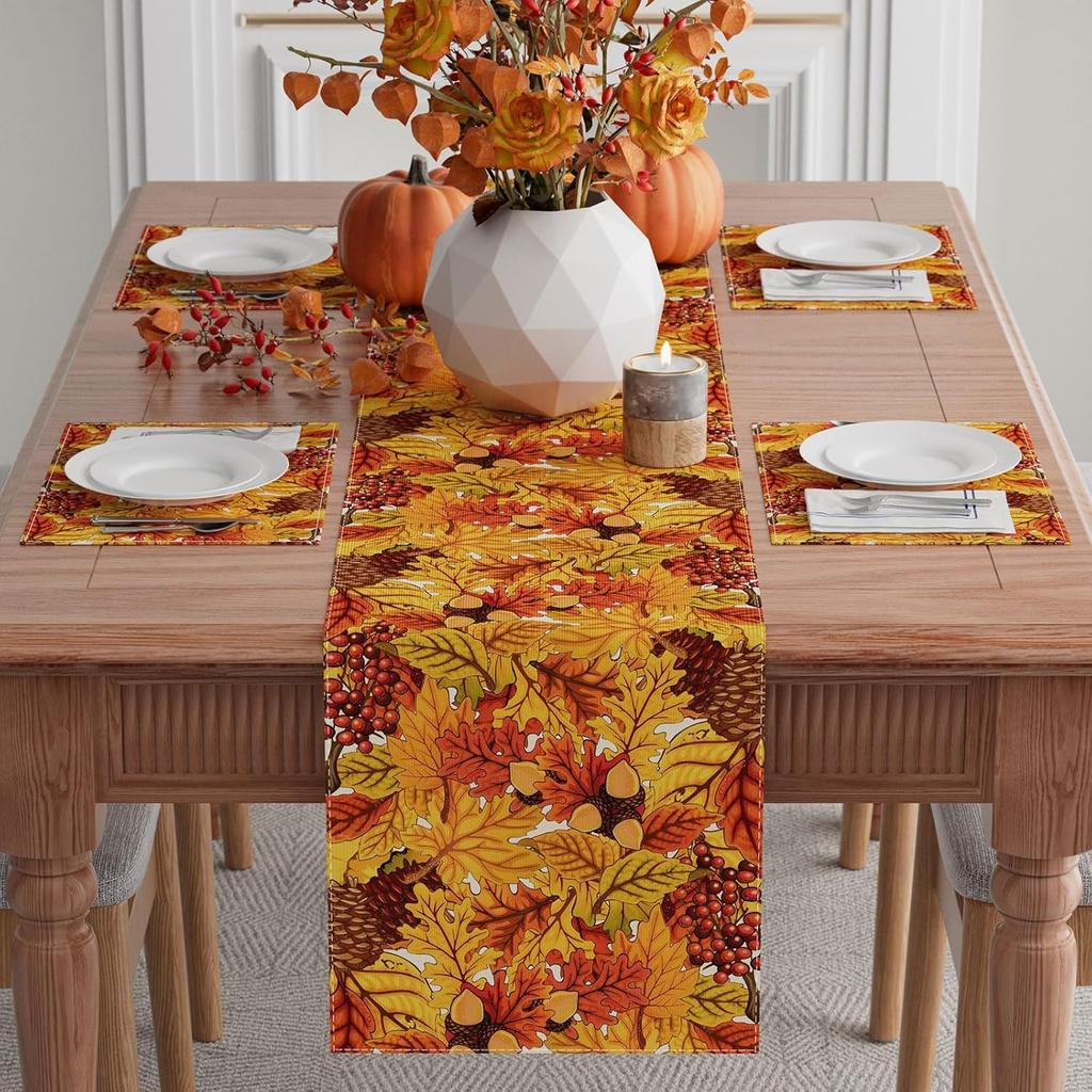 XCHI Fall Maple Leaves Pinecone Table Runner Table Decoration for Kitchen Dining Dinner Autumn Home Decor 13x72 Inch