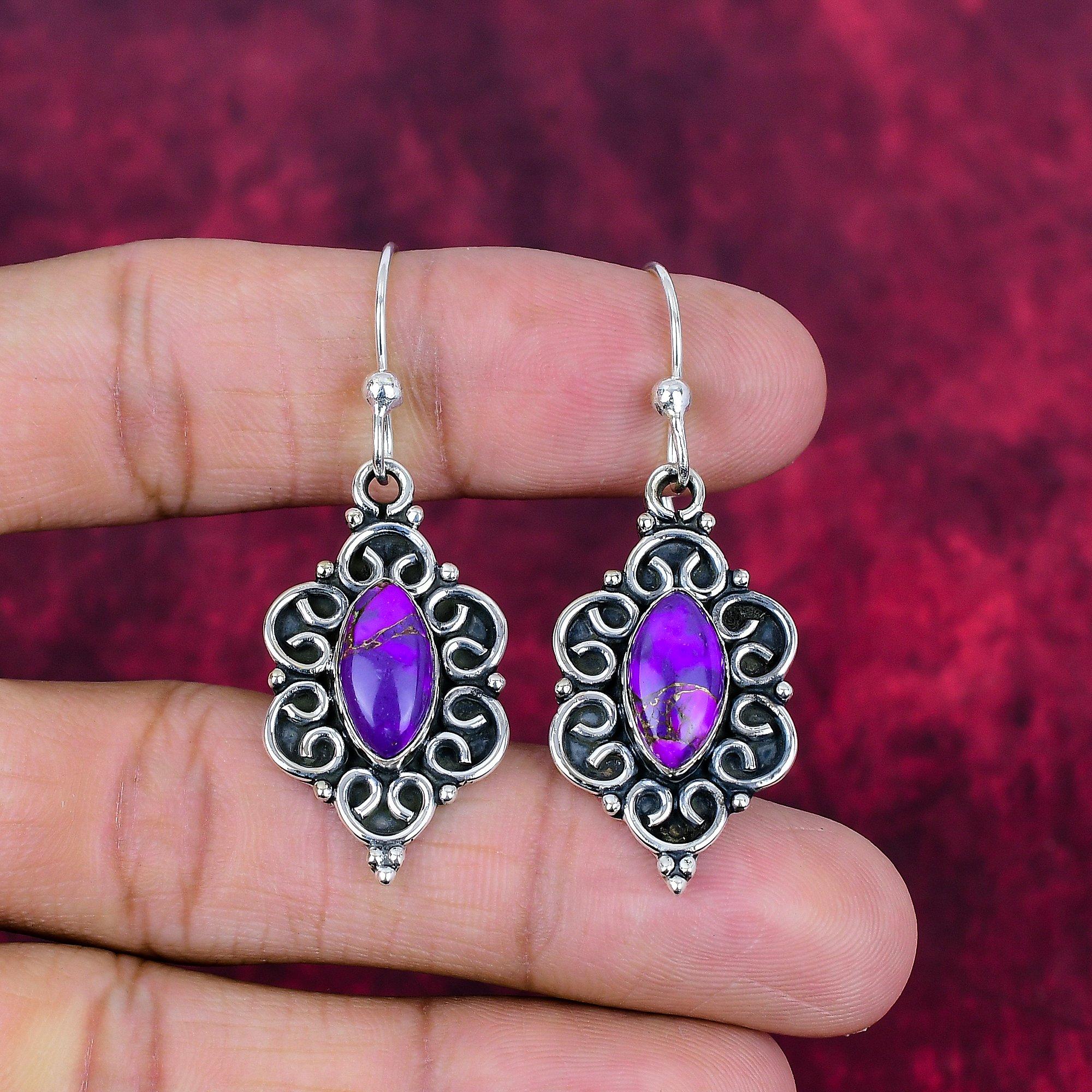 

Серьги из фиолетовой меди и бирюзы, ювелирные изделия из цельного серебра 925 пробы, серьги с драгоценными камнями, подарок для нее, изящные ювелирные изделия ручной работы 1.96 Inches