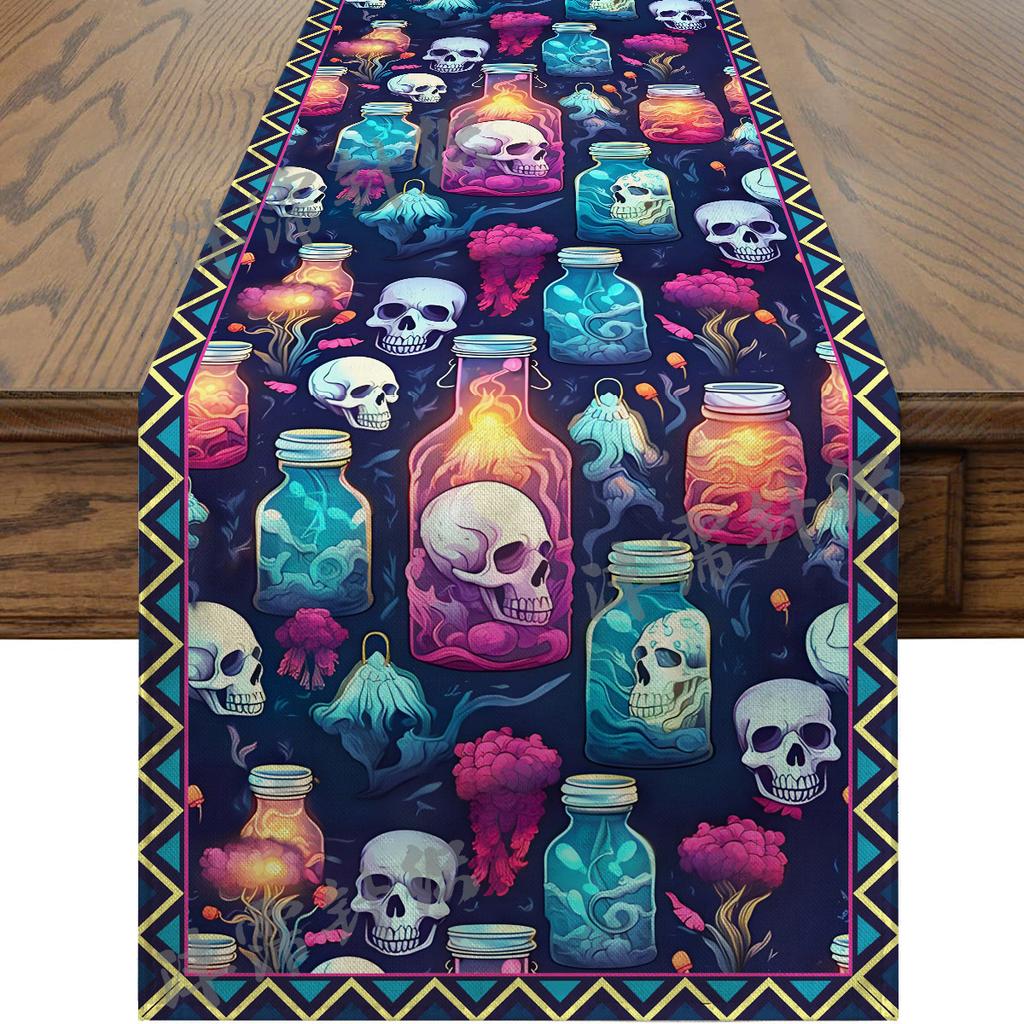Halloween Table Runner Faux Linen Long Strip Day of the Dead Christmas Holiday Dining Decor