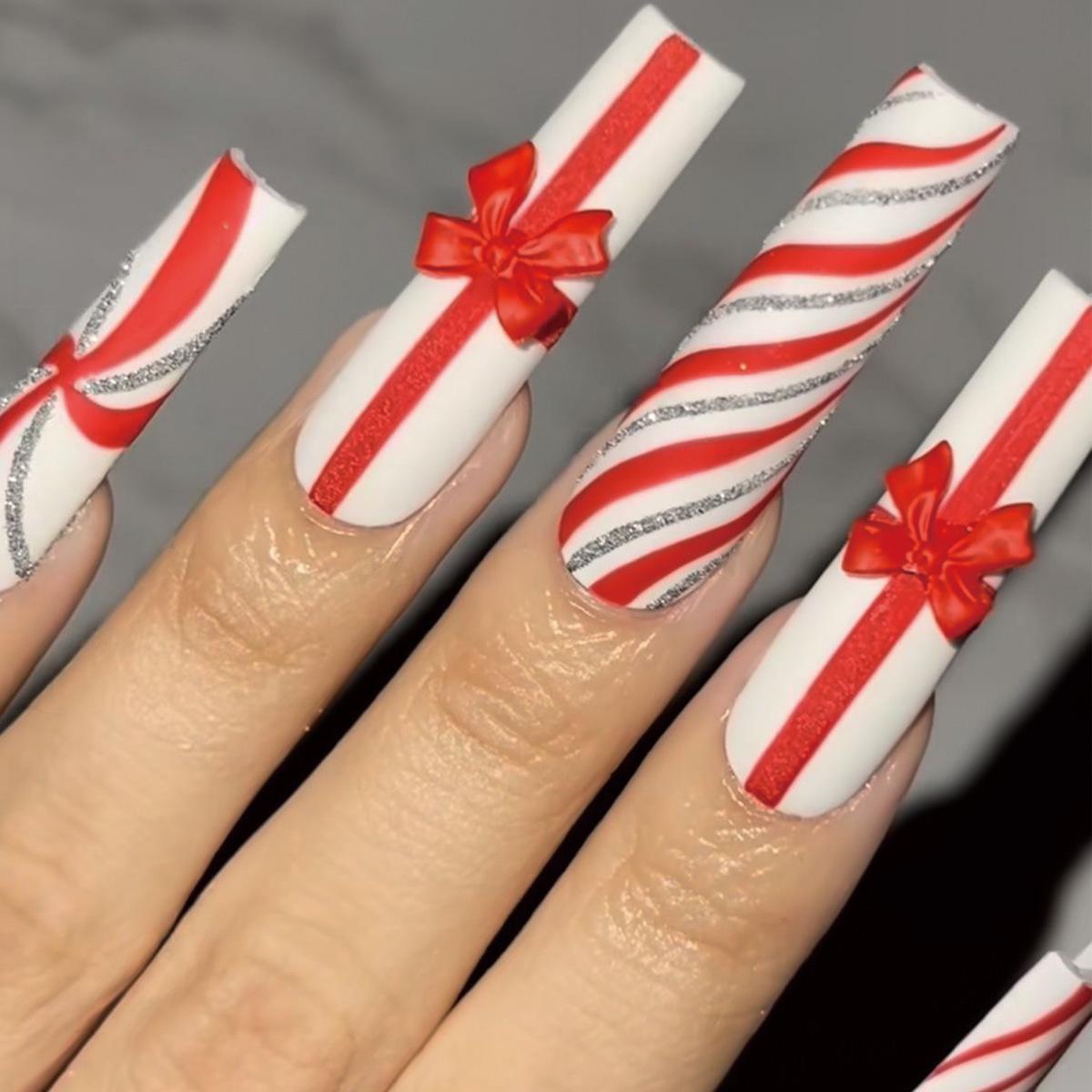 Christmas Red Bow & Glitter Striped Fake Nails: European & American Style Wearable Art Glue Type