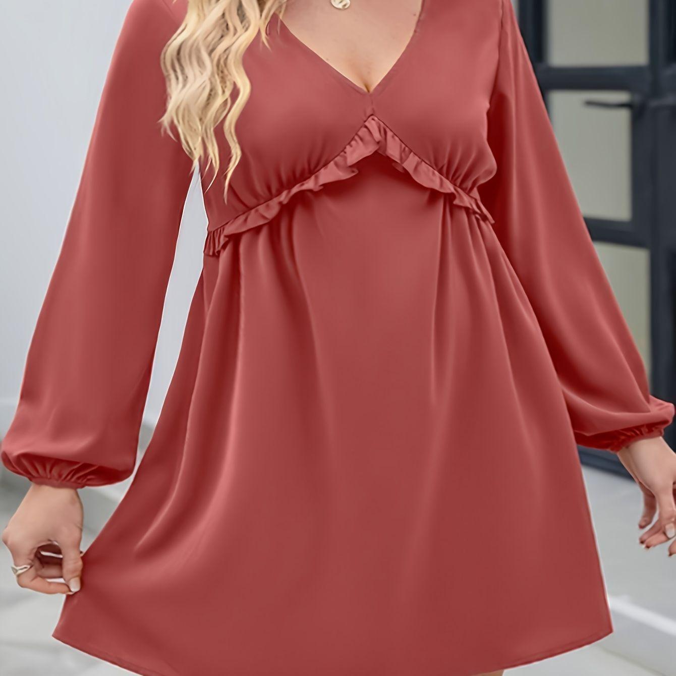 

Elegant Plus Size Ruffled Lantern Sleeve Dress 1XL кавун червоний колір