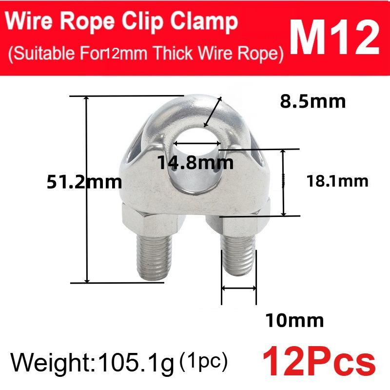 12 Pcs M12-M26 304 Stainless Steel Wire Rope Cable Clip Clamp U Bolt Saddle Fastener