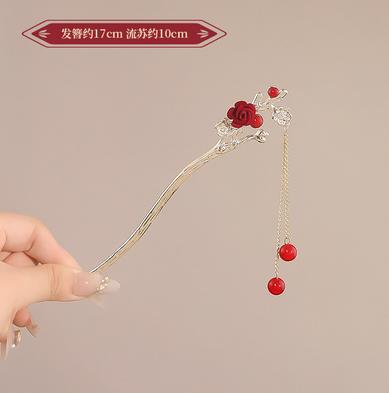 Chinese Style Rose Flower Hair Stick Hairpin For Women Red Flower Hair Comb Handmade Metal Alloy Headwear Girls Hair Accessories