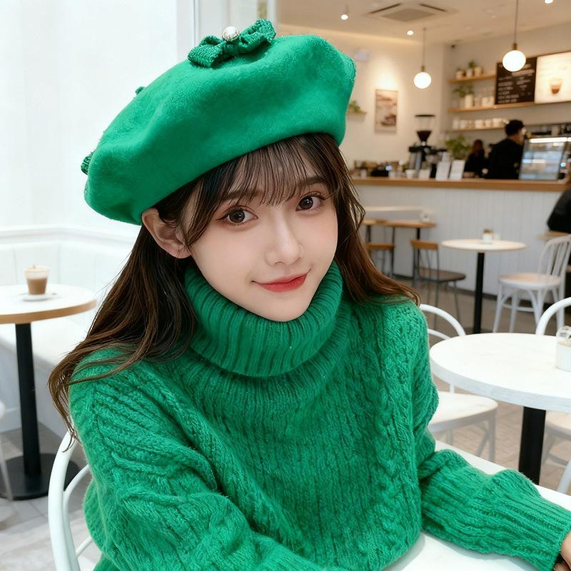 Women S Red Green Wool Beret With Pearl Bow Versatile Small Face Painter Hat