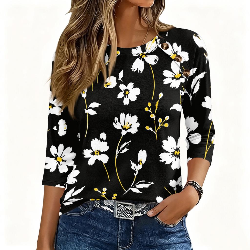 Damen 3/4 Ärmel Rundhals Knopfleiste Blumenmuster Oberteil Weicher Stoff Lässiger Lockerer Sitz T-Shirt für den Alltag