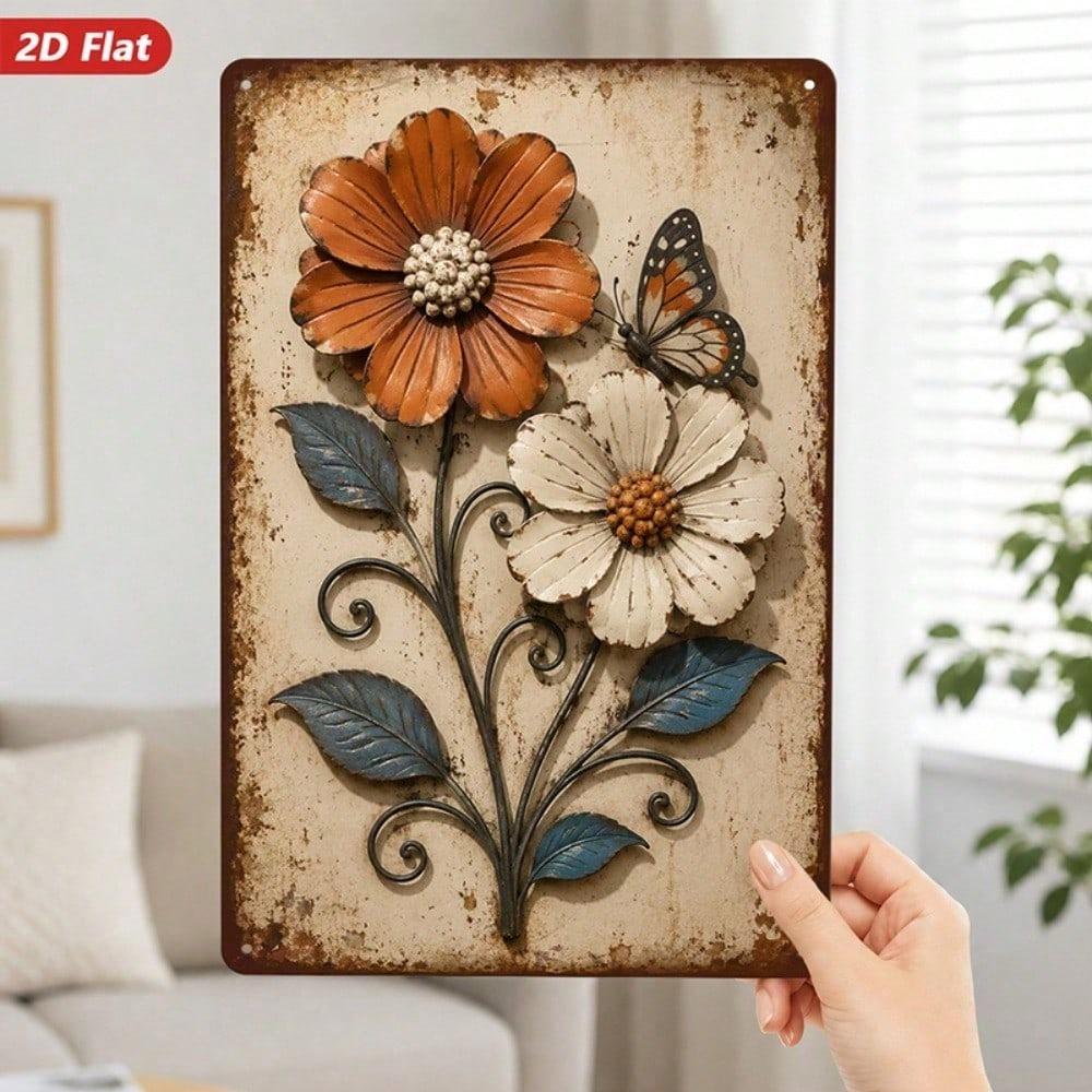1pc 2D Flat Metal Wall Art Sign, Rustic Floral Butterfly Metal Plaque, Durable Windproof Decor with Rounded Corners