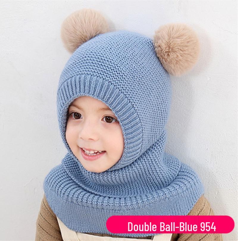 Koreaanse Stijl Kinder Dubbele Pompon Oorflappen Hoed & Eendelig Sjaal Set (Herfst/Winter 2025 Collectie)