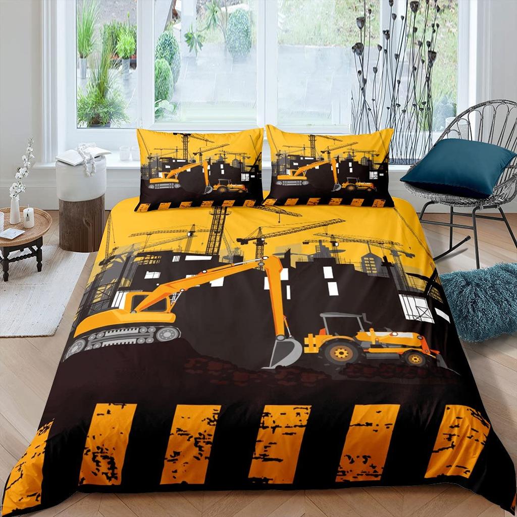 Bagger Königin Bettbezug Cartoon Baufahrzeug Bettwäsche-Set für Kinder Jungen Mädchen Traktor 2/3-teilig Polyester Bettdeckenbezug
