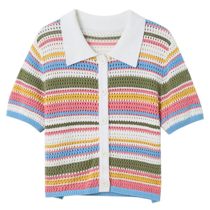 Sancai Women's Rainbow Stripe Hollow-Knit Short Cardigan