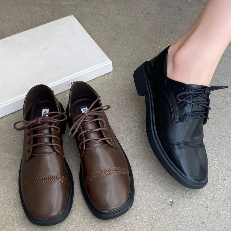 Fashion 2025 British Style Lace Up Flat Shoes Women's Leather Square Toe High Quality Soft Comfortable Loafers Casual Daily LeatherShoes