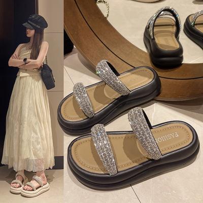 Mode 2025 Été Nouvelles Pantoufles pour Femmes Mode Strass Pantoufles de Loisirs Antidérapantes à Plateforme pour Femmes Sandales de Plage Décontractées
