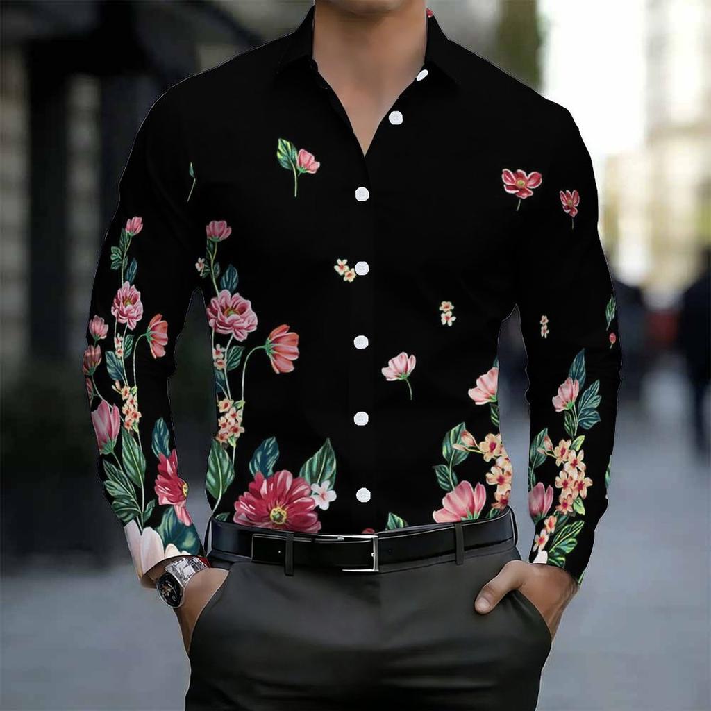 Camisa de Hombre con Cuello Blanco Multicolor Acuarela Hierba Silvestre Estampado Floral Manga Larga Botones Arriba