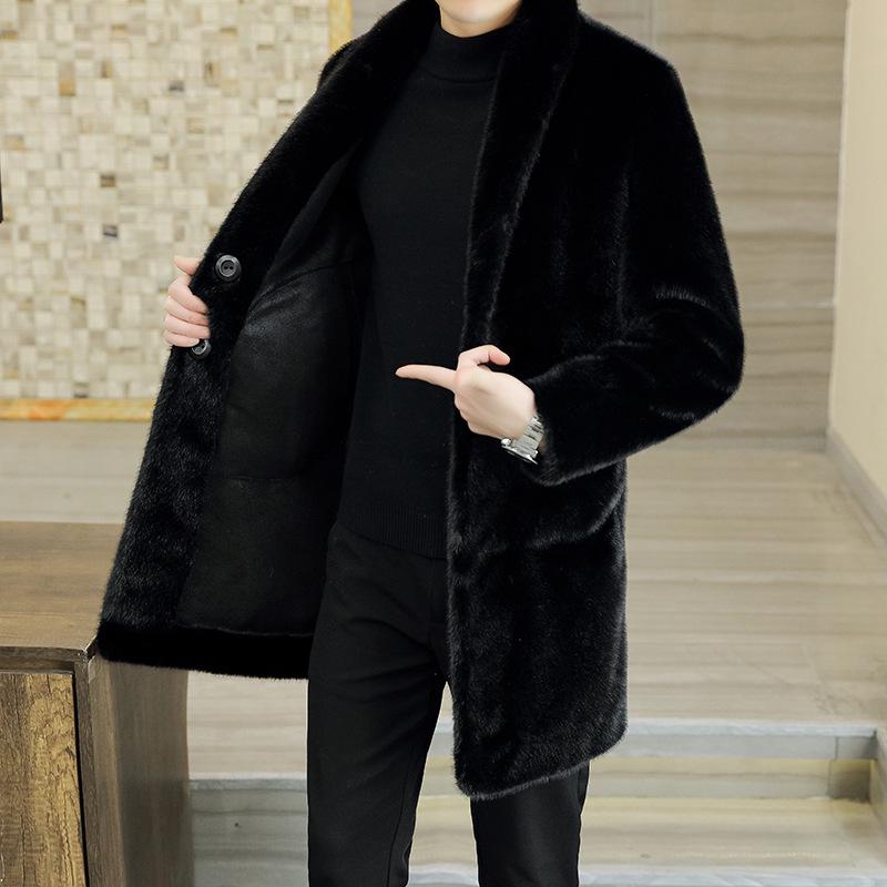 

Men s Mid-Length Stand Collar Leather and Fur Casual Jacket - Thick and Warm 3XL
