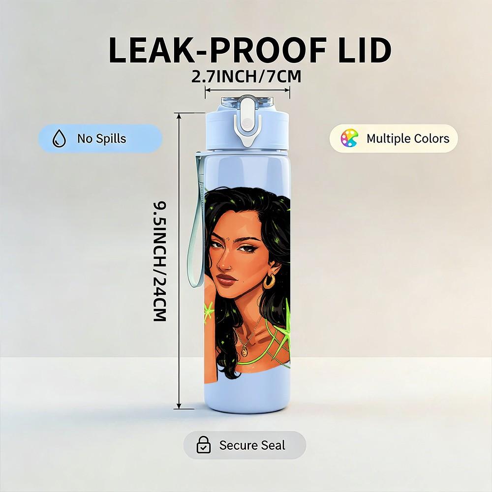 1PC Curly Hair Dark Skin Lady 750ml Color Plastic Sports Water Bottle Leakproof Flip Straw Lid Suitable for Sports Office Home Use