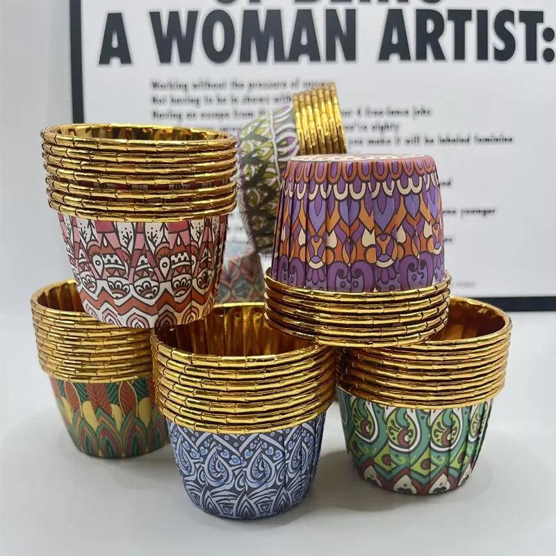 

2025 Hot 50Pcs/set Arabian Patterned Cups Single-sided Gold Rolled Mouth Cake Cups Mousse Mold Cups Heat Resistant Baking Oil Pa Random color
