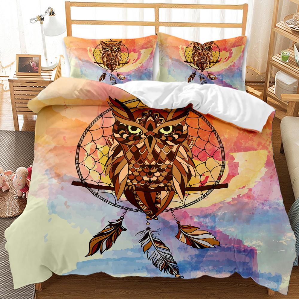 Cartoon Owl Child Duvet Cover Set,Mysterious Forest Retro Boho Design Bedding Set With 2 Pillow Shams, Queen/King/Full/Twin Size