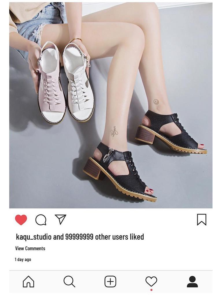 2021 Summer Women's Korean-Style Round Toe Chunky Heel Sandals with Side Zipper - Casual, Solid Color, Plus Size