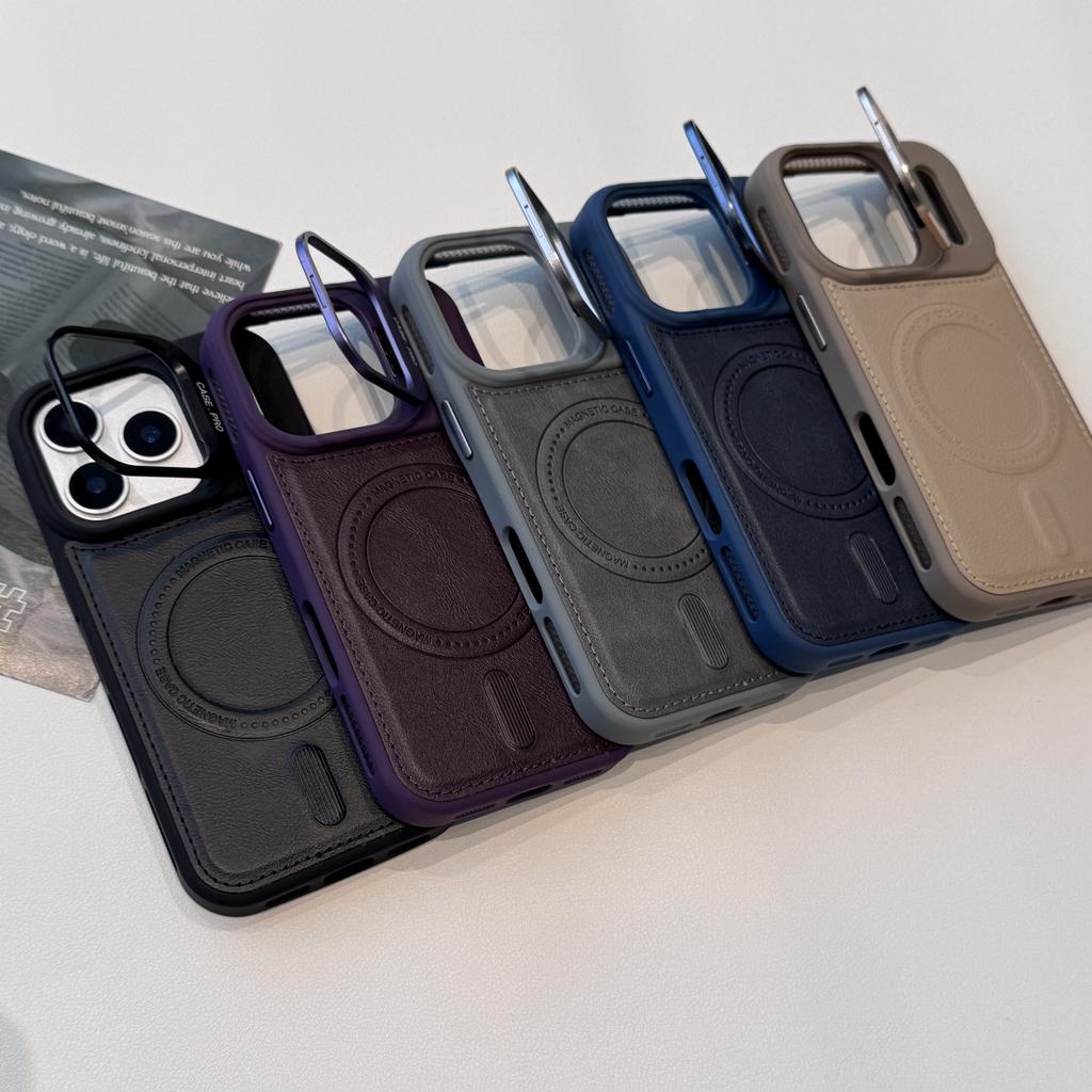 Business Luxury Magnetic Leather Phone Case for iPhone 17 Pro Max 16 Plus 15 14 13 for Magsafe Lens Bracket Protection Cover