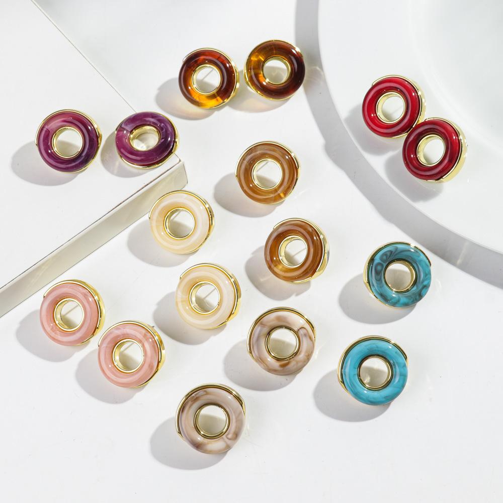 1pair Trendy Resin Inlaid Geometric With Metal Hollow Earring for Women Colorful Donut Shape Earrings Jewelry