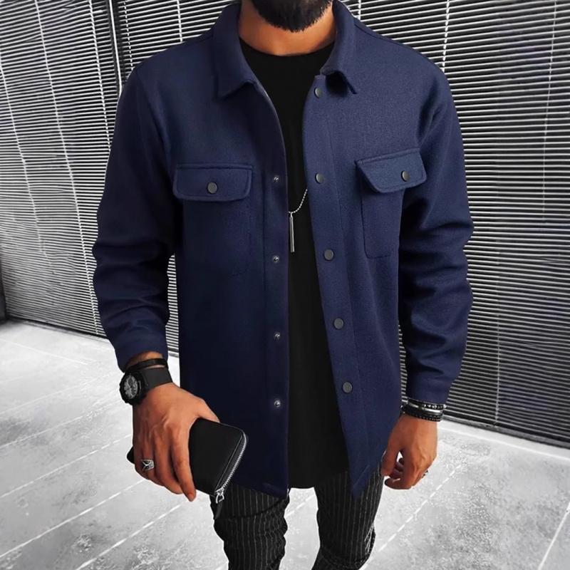 2026 New Men's Woolen Jacket, Solid Color Coat with Turn-down Collar and Buttons, Casual Overcoat
