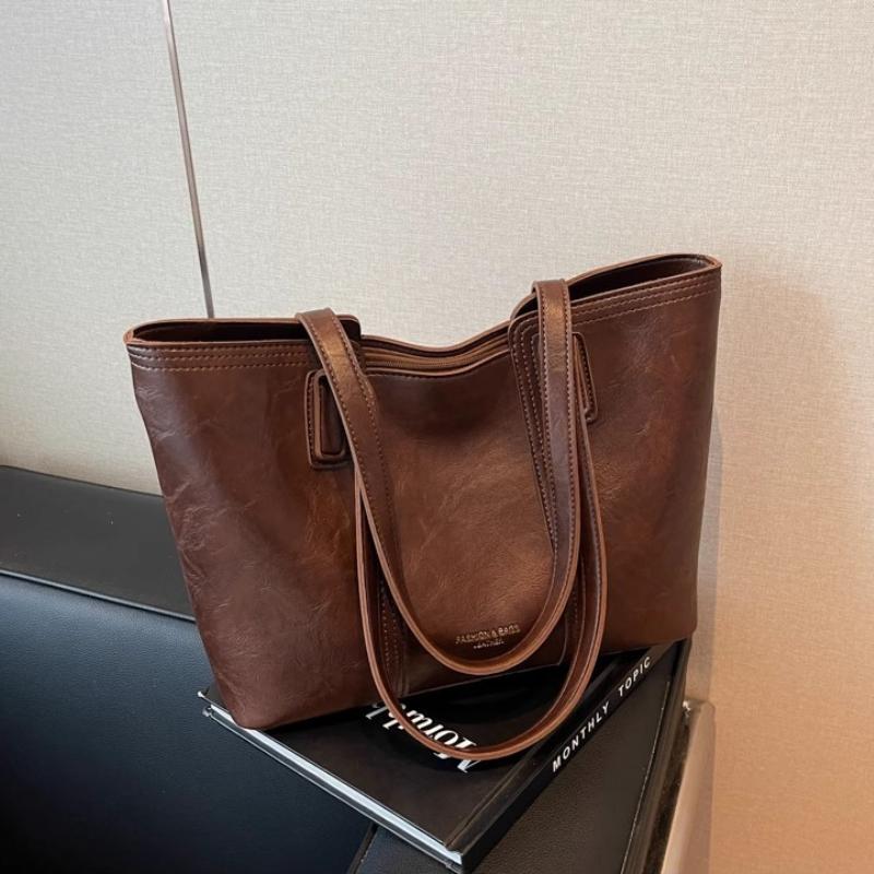 Trendy Soft Faux Leather Large Capacity Tote Bag with Brown Trim Minimalist Design Underarm Bag Spacious Work Shoulder Bag