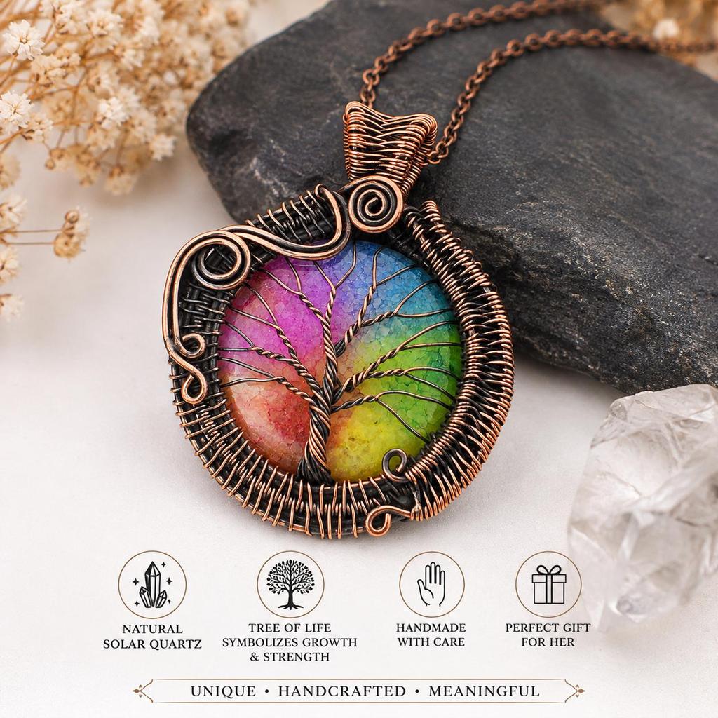 Rainbow Solar Quartz Gemstone Tree of Life Pendant Handmade Copper Wire Wrapped Boho Necklace Healing Crystal Jewelry