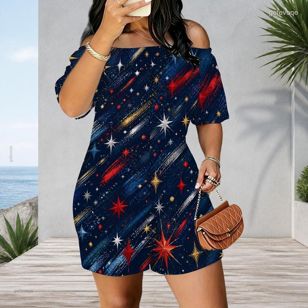Women Plus Size Off Shoulder Short Sleeve Romper Abstract Liquid Marble Swirl Print Casual Jumpsuit Shorts