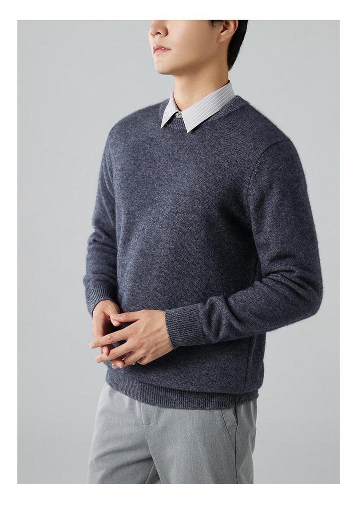 Men's Winter 2025 Cashmere Round Neck Sweater - Thick, Long Sleeve, Business Casual, Solid Color Knit Base Layer
