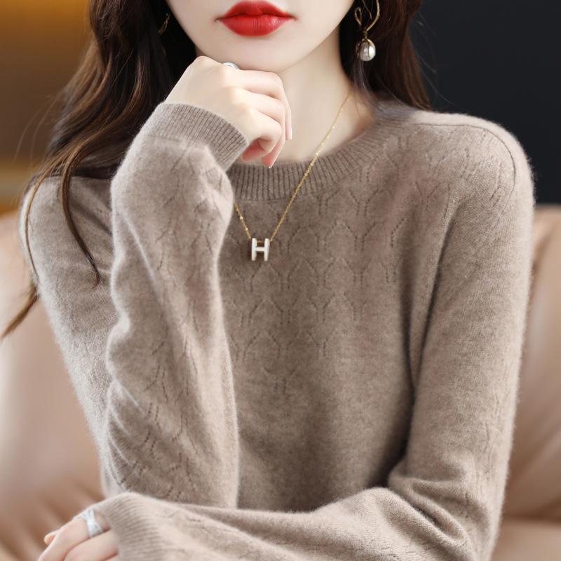 2023 Fashion New Pullover Sweater Round Neck Hollow Jacquard Knitted Top Loose Bottom