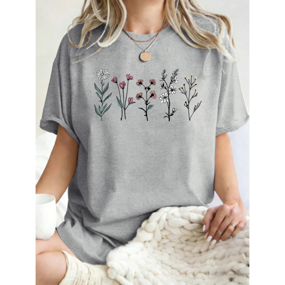 T-shirt z nadrukiem pięknych kwiatów, damski, bawełniany, luźny, letnia odzież, wygodny, Y2K, streetwear