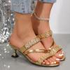 Luxury Gold Crystal High Heels Women Sandals Slip On Plus Size42 Dress Shoes Summer Woman Kitten Heel Gladiator Sandalias Mujer