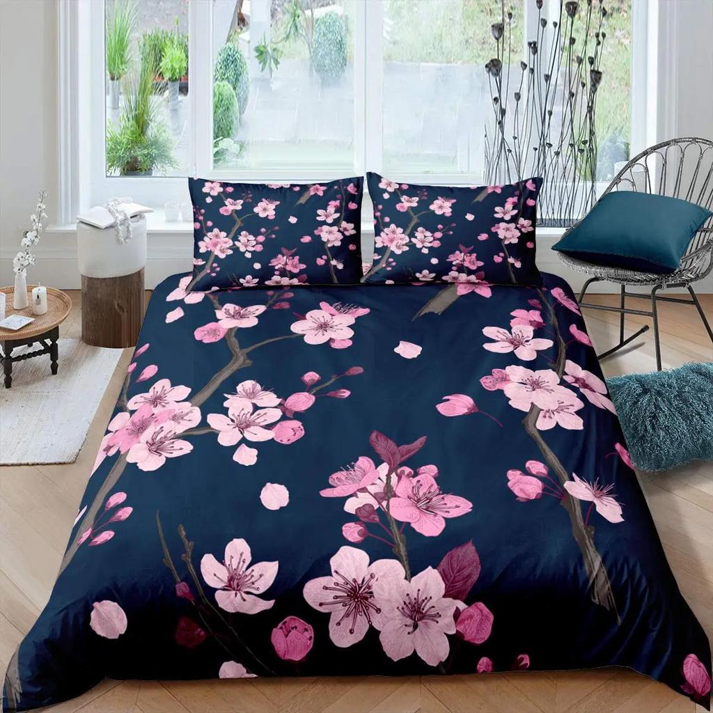Japanese Duvet Cover Branch of  Flourishing Sakura Tree Cherry Blossoms Spring Theme Art Pink Decor Dark Brown for Women Gifts