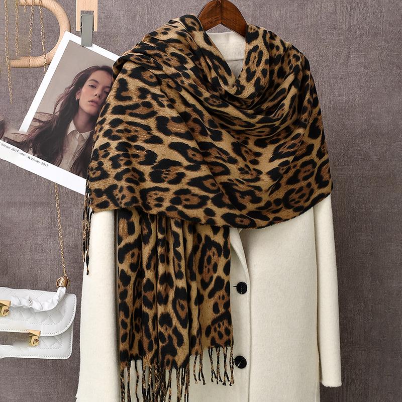 Leopard Print Pashmina Tassel Shawl Scarf For Woman Winter Warm Shawls Fashion Long Wraps Thick Like Cashmere Scarves