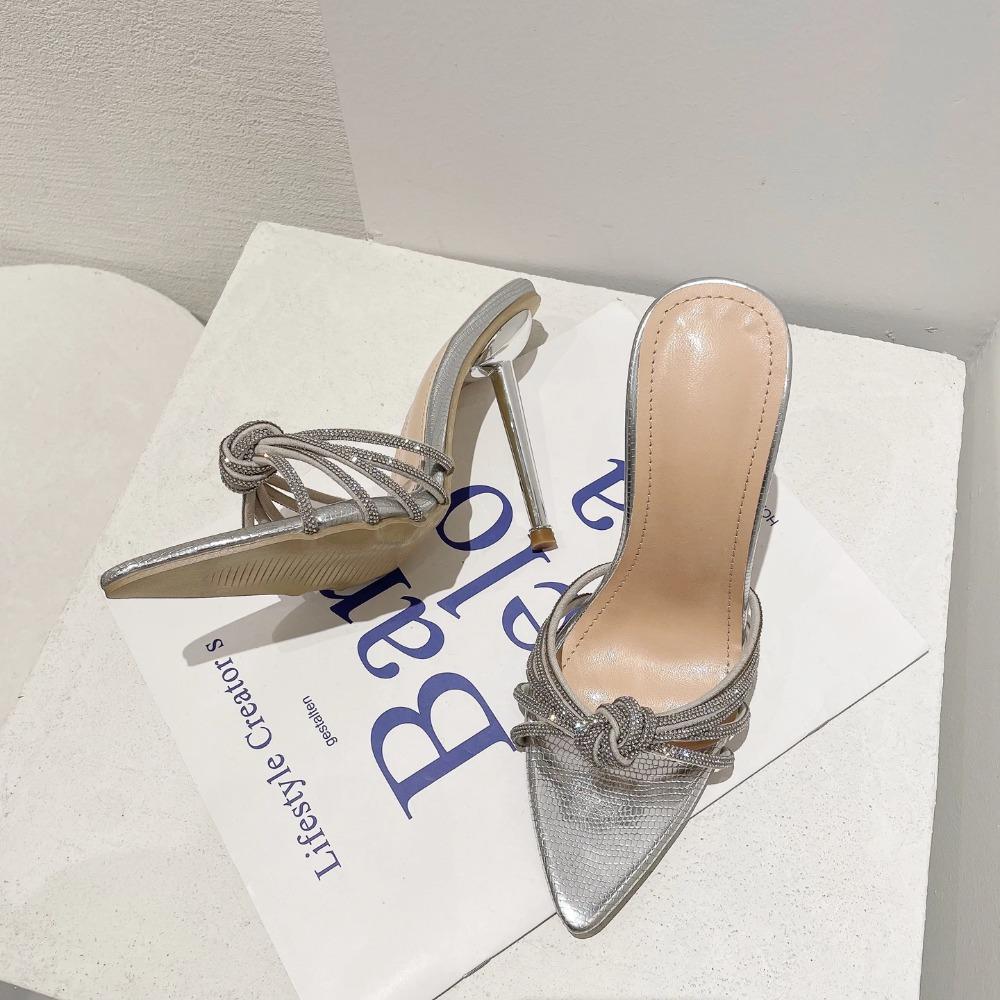 Eilyken New Summer Women's Slippers Crystal Rhinestone Pointed Toe High Heel Slide Shoes Fashion Party Prom Sandals