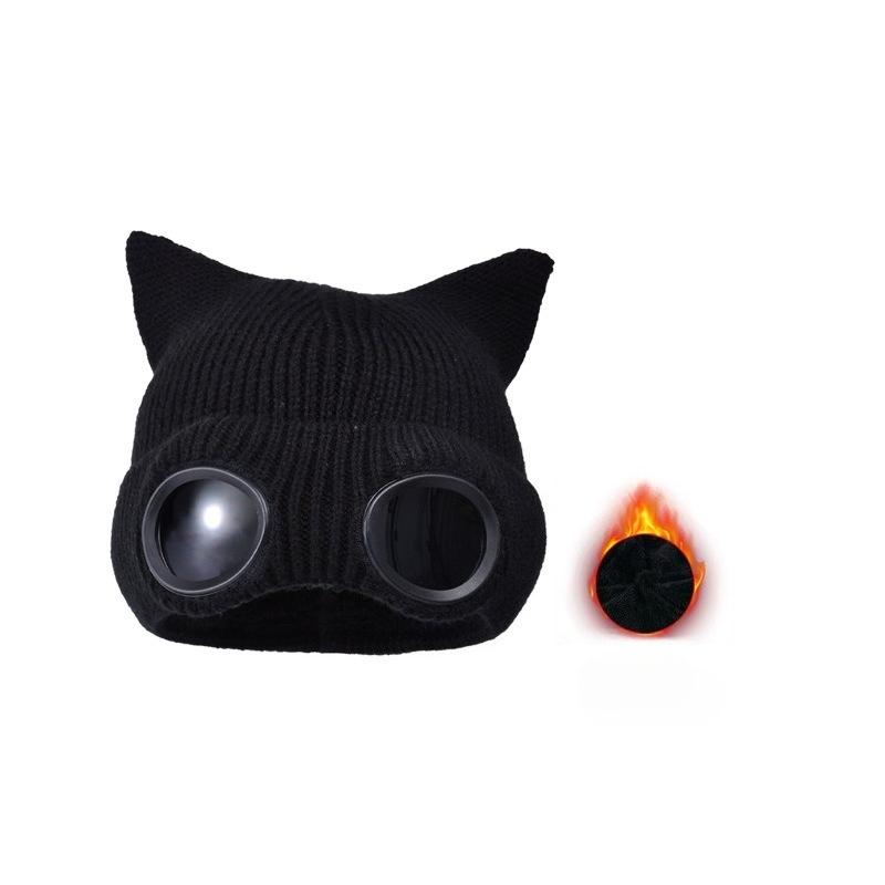 Little Devil Glasses Hat Knitted Mao Line Hat with Cat Ears Men Women Thickened for Warmth Ski Solid Color Ear Protection Windproof Pullover Hat