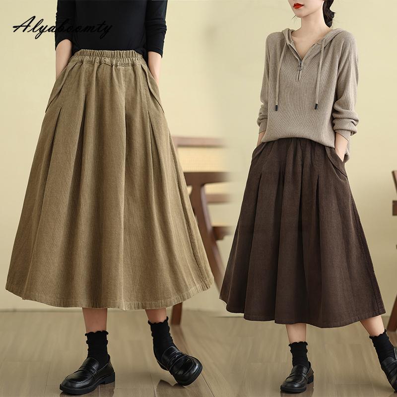 Plus Size Autumn Winter Women Midi Skirt High Waist Black Khaki Brown Loose Skirt Vintage Corduroy Solid Baggy Skirt With Pockets