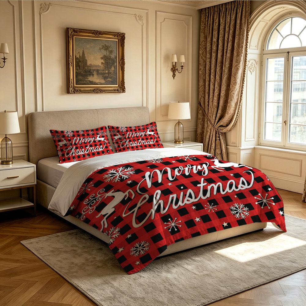 3pcs Set(1 Bedspread + 2 Pillowcases) with Christmas Red and Black Plaid Snowflake Reindeer Decorative Fabric Home Decoration