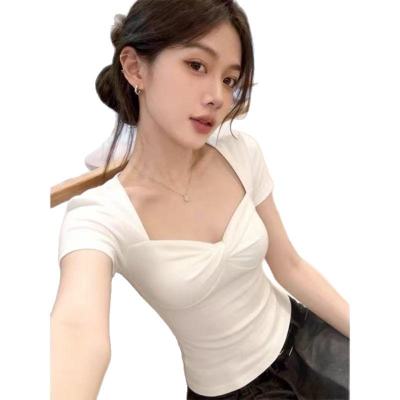 French pure desire beautiful square collar short-sleeved t-shirt Spice Girl design sense niche waist thin huge good-looking top tide