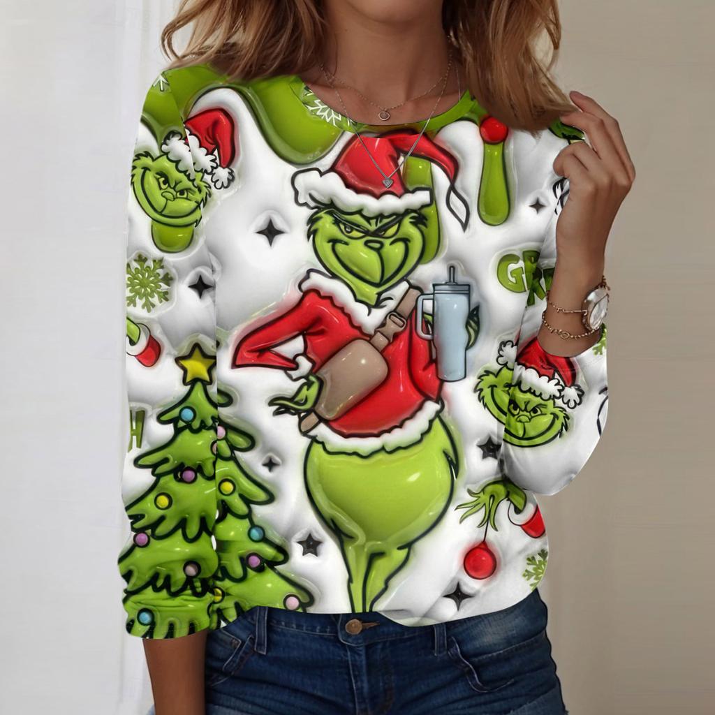 Damenmode, lässig, langärmelig, bedruckt, Rundhalsausschnitt, Pullover, Top, Bluse