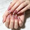 10Pcs 3D Flower Gold Beads Handmade Press On Nails Nude Pink French Almond Fake Nail M/S/XS Artificial Wearable False Fingertips