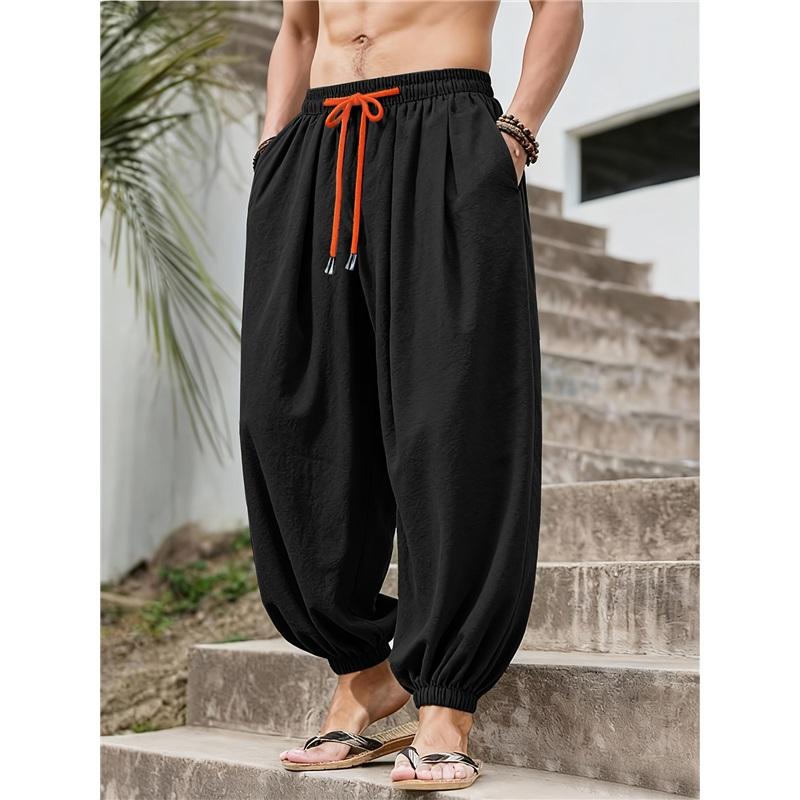 Men's Loose-fit Harem Pants, Elastic Drawstring Waist, Non-stretch Casual Lantern Trousers, Lightweight Quick-dry