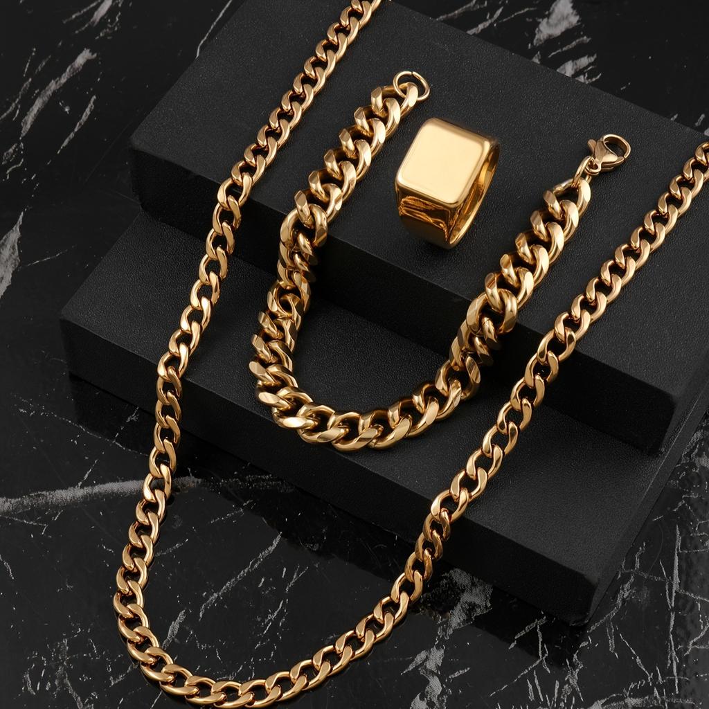 Jewelry Set Casting Square Men's Ring Punk Hip-Hop Style Cuban Chain Stainless Steel Accessories