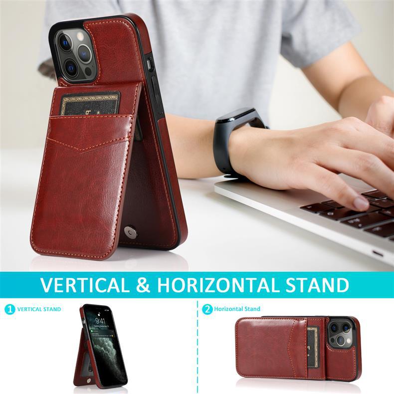 Suitable for iPhone 17 phone case, Apple 16E crazy horse pattern solid color card slot stand anti-drop phone protective case